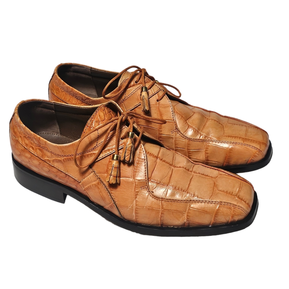 Marco Vicci Men's Tan Leather Crocodile Print Derby Shoes with Tassels - Size 9